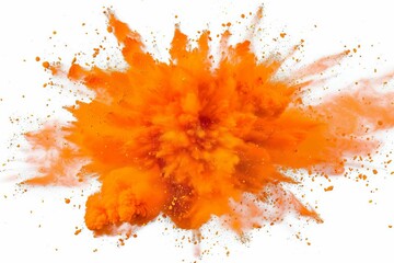 Bright orange Holi powder paint explosion burst for industrial print design, isolated on white