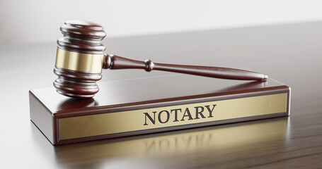 Notary: Judge's Gavel as a symbol of legal system and wooden stand with text word - 780979740