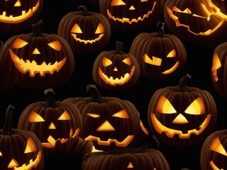 Carved Pumpkins Glowing in Halloween Darkness