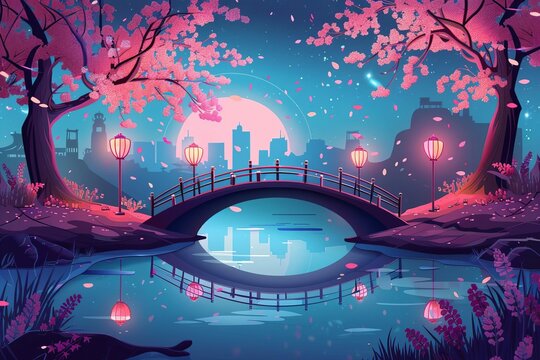 Enchanting city park at night with bridge, pond, pink cherry blossom trees and lanterns, cartoon vector
