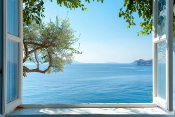 A window overlooking the ocean with a tree in the foreground