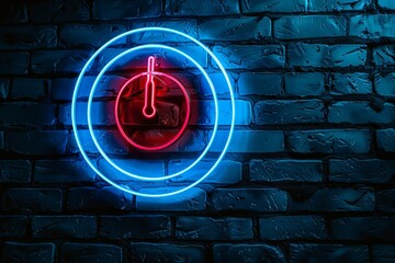 A neon sign with a red and blue circle with a clock in the middle. Business concept - Powered by Adobe