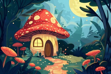 Tiny fantasy mushroom house in the forest with path, fairy tale elf or animal home, summer day illustration
