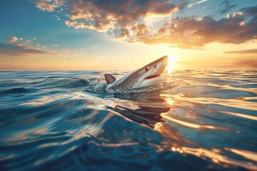 A shark is swimming in the ocean with the sun setting in the background - obrazy, fototapety, plakaty