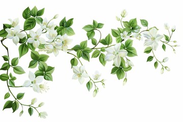 Spring creeper plant with delicate white flowers in bloom, isolated on pure white background illustration
