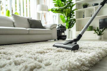 A clean white carpet with a vacuum cleaner in the middle - obrazy, fototapety, plakaty