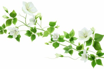 Spring creeper plant with delicate white flowers in bloom, isolated on pure white background illustration - obrazy, fototapety, plakaty