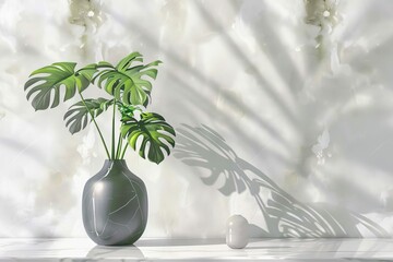 Elegant vase with lush green plants on white marble table and background, minimalist interior design illustration