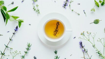 Tea cup amidst blooming flowers