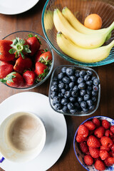 breakfast with strawberries, blueberries, coffee, and banana