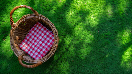 A minimalist portrayal of a picnic basket with a red and white checkered lining on a background of vivid green grass. - obrazy, fototapety, plakaty