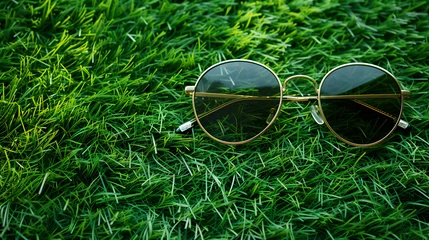 Keuken spatwand met foto Sleek black sunglasses on a textured green grass surface, evoking a relaxed and cool summer aesthetic. © ArtStockVault