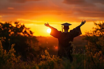 A graduate stands in a field with a sun in the background