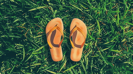 Summer-ready yellow flip-flops placed neatly on a refreshing green grass background. - obrazy, fototapety, plakaty