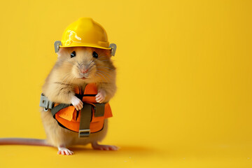 A hamster dressed as a construction worker, with a tiny hard hat and tool belt - obrazy, fototapety, plakaty