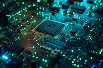 Close up of a circuit board with blue and green lights
