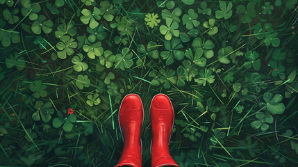 An illustrated scene from above featuring a pair of red boots against a vibrant green grass background.