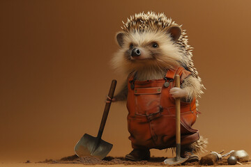 hedgehog dressed as a gardener, wearing overalls and holding a tiny shovel.