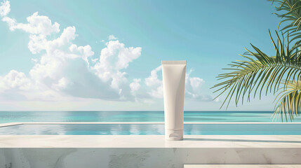 White cosmetic tube mock up with ocean view in a serene setting