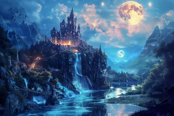 Enchanting Fairy Tale Castle on Cliff by River Under Full Moon, Fantasy Landscape Painting