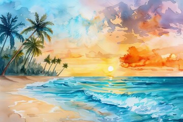 Fototapeta na wymiar Serene Sunset on Tropical Beach with Palm Trees and Calm Ocean Waves, Watercolor Illustration