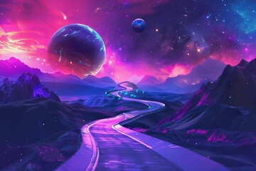 Futuristic Road Winding Through Colorful Space Landscape with Planets and Stars, Digital Art