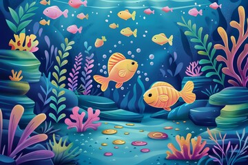 Fototapeta na wymiar Whimsical Underwater Scene with Fantastical Fish and Coral Reef, Children's Illustration