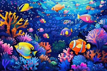 Fototapeta na wymiar Whimsical Underwater Scene with Fantastical Fish and Coral Reef, Children's Illustration