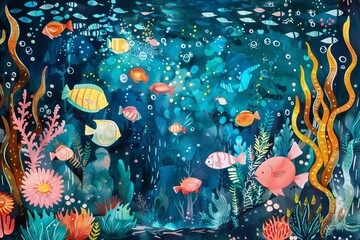 Whimsical Underwater Scene with Fantastical Fish and Coral Reef, Children's Illustration