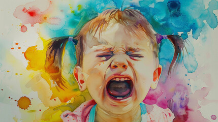 Watercolor Painting Close-up of a Young Crying Caucasian Girl With Pigtails