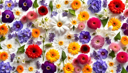 Foto op Canvas Cinema screenshot view of scattered pansy gerbera carnation poppy sunflower and periwinkle flowers © Spring of Sheba