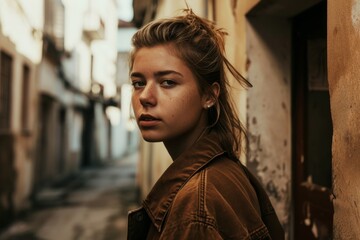Portrait of a beautiful young girl with blond hair in a brown jacket.