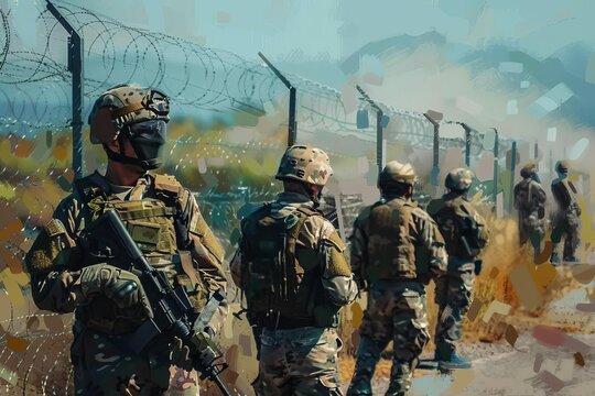 Military and border guards with weapons guarding the border from illegal immigrants, digital painting