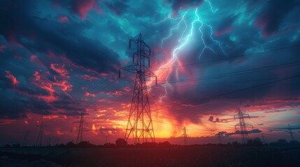 Electrical Pylons and large power transmission lines. An electrifying moment captured as lightning strikes a remote electricity pylon