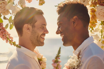 Happy multi ethnic gay couple during wedding ceremony under sunset in ceremony in outdoors near the sea and under colorful arch of flowers