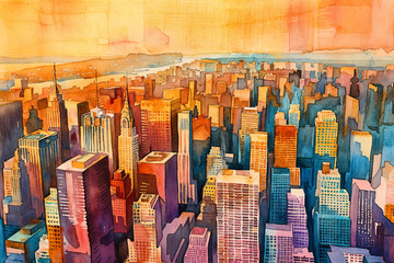 Watercolor painting of New York City Skyline, classic colorful painting, loose and on watercolor paper. Sunrise or Sunset. Highrise pollution. Simple Manhattan artwork. Uptown Downtown Harbour. - obrazy, fototapety, plakaty