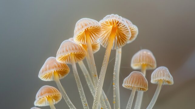 Captivating closeup of sporebearing basidia showing the intricatelyshaped structures protruding from their long thin stalks.