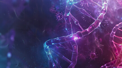 Glowing DNA strands structure with virus cells in scientific backdrop - obrazy, fototapety, plakaty