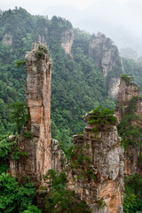 Sandstone pillars rise above the lush forest of Zhangjiajie National Forest Park in Wulingyuan Scenic Area, China.