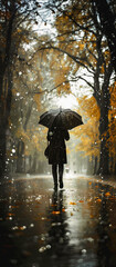 Back view of person walking in the rain with an umbrella on a rainy day. Vertical photography
