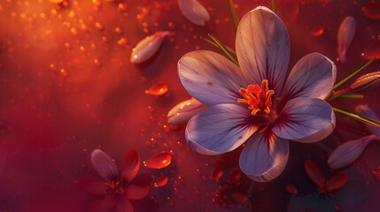 a crocus flower with red stigma in a red background - obrazy, fototapety, plakaty