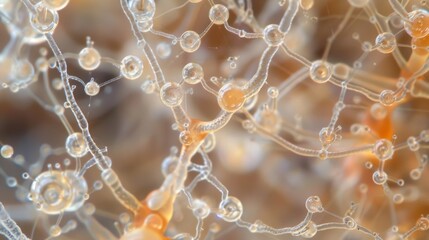 A network of branching hyphae each ending in a of conidia forming a sprawling and complex web of fungal reproduction.