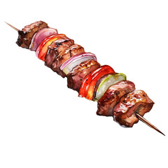Watercolor Grilled Beef, Onion, and Bell Pepper Skewer