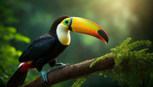TUCANO POUSADO EM UM GALHO EM MEIO A FLORESTA TROPICAL