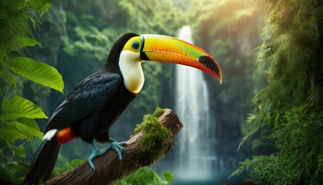 TUCANO POUSADO EM UM GALHO EM MEIO A FLORESTA TROPICAL