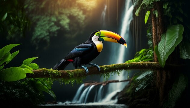 TUCANO POUSADO EM UM GALHO EM MEIO A FLORESTA TROPICAL