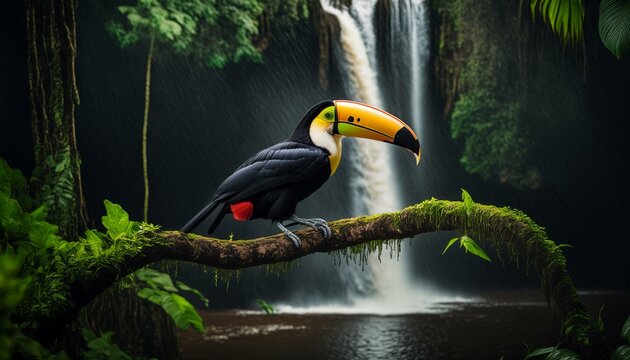 TUCANO POUSADO EM UM GALHO EM MEIO A FLORESTA TROPICAL