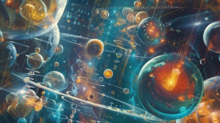 Physics-themed images showcasing the interdisciplinary nature of physics, with physicists collaborating across fields such as astronomy, engineering, materials science - obrazy, fototapety, plakaty