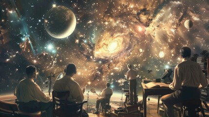 Visuals depicting astronomers and astrophysicists studying the cosmos, analyzing astronomical data, and conducting research on topics such as cosmology, planetary science, and astrobiology - obrazy, fototapety, plakaty