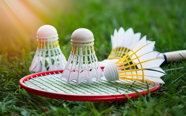 white and yellow plastic shuttlecocks and badminton rackets, on grasslawn, soft and selective focus on shuttlecocks, outdoor badminton playing concept.